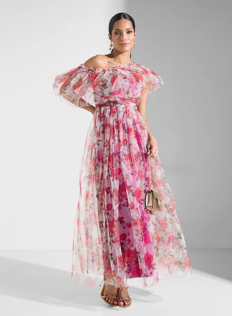 Lace and Beads Floral Chiffon Dress