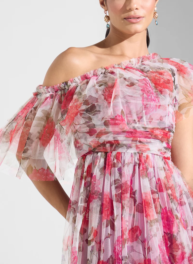 Lace and Beads Floral Chiffon Dress