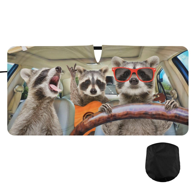 Oarencol Funny Raccoon Driving Windshield Sun Shade Animal Car Front Window Sunshade for Auto Truck SUV Sun Shield That Keeps Your Vehicle Cool Foldable Storage Bag 62 x 32 in