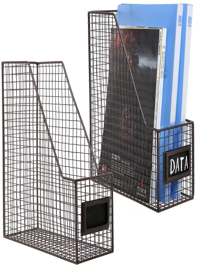 MyGift Metal Wire Magazine Holder in Rustic Brown Finish, Desktop Document and File Folder Storage Bin with Chalkboard Label for Home, Office, School, Dorm, Set of 2 - Image 1