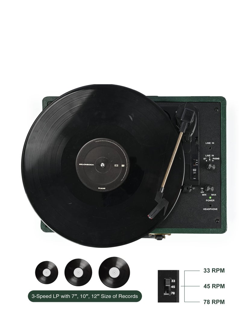 Vinyl Record Player 3-Speed Wireless Suitcase Journey Vintage Bluetooth Suitcase Portable Belt-Driven Record Player with Built-in Speakers RCA Line Out AUX in Headphone Jack Vintage Turntable Dark Green
