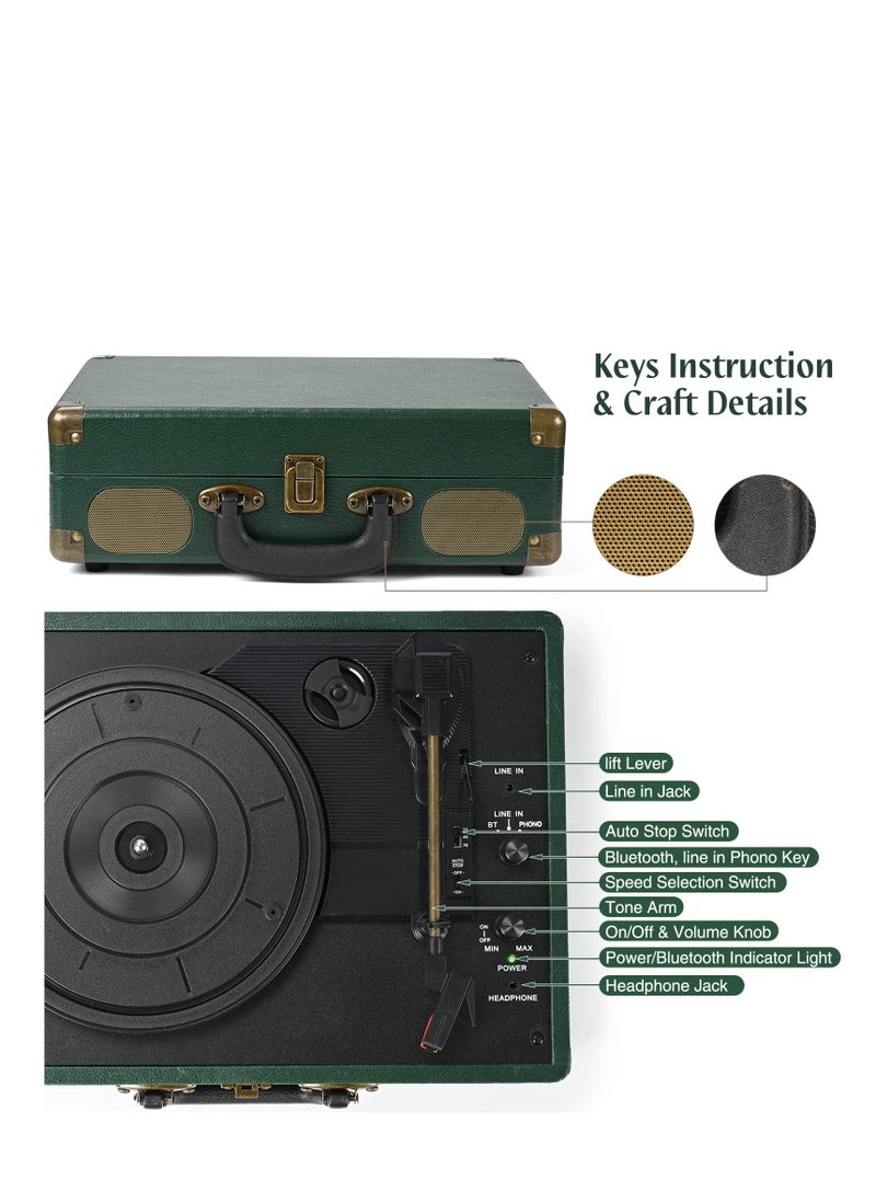 Vinyl Record Player 3-Speed Wireless Suitcase Journey Vintage Bluetooth Suitcase Portable Belt-Driven Record Player with Built-in Speakers RCA Line Out AUX in Headphone Jack Vintage Turntable Dark Green