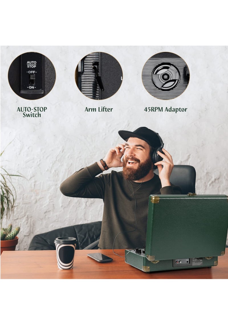 Vinyl Record Player 3-Speed Wireless Suitcase Journey Vintage Bluetooth Suitcase Portable Belt-Driven Record Player with Built-in Speakers RCA Line Out AUX in Headphone Jack Vintage Turntable Dark Green