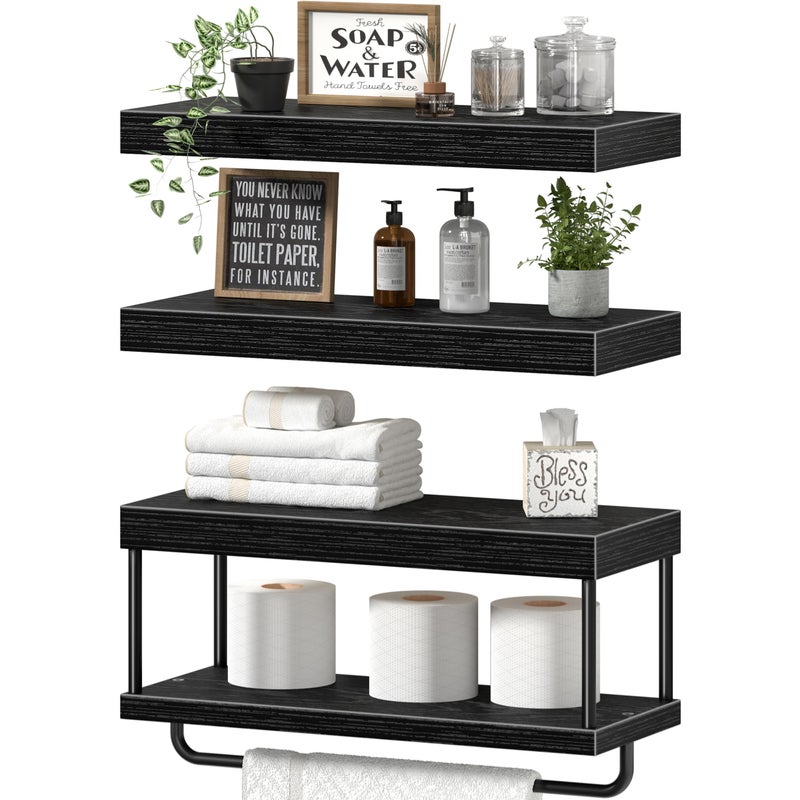 QEEIG Bathroom Floating Shelves Over Toilet - Wall Mounted Shelf Toilet Paper Storage Farmhouse 16 inch Set of 3, Black (027-40B3) - Image 1