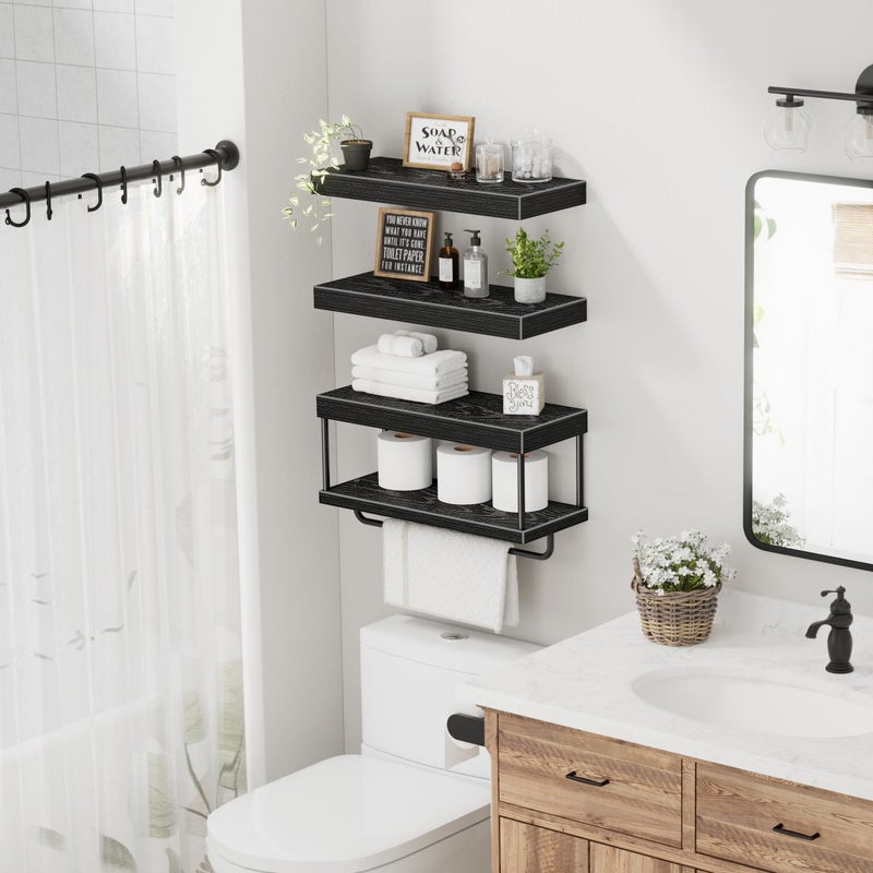 QEEIG Bathroom Floating Shelves Over Toilet - Wall Mounted Shelf Toilet Paper Storage Farmhouse 16 inch Set of 3, Black (027-40B3) - Image 4