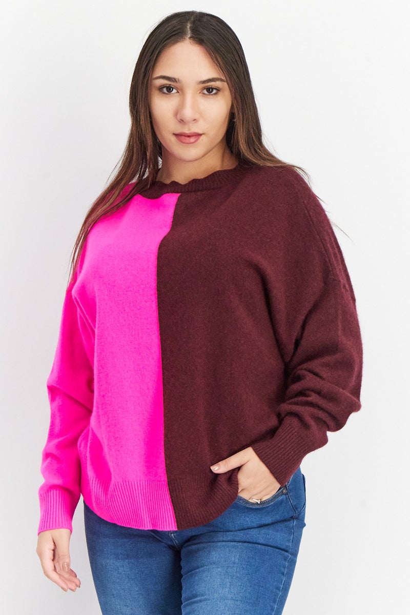 Aqua Women Crew Neck Two Tone Cashmere Sweater, Dark Rasin - Image 1