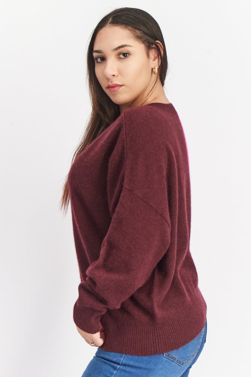 Aqua Women Crew Neck Two Tone Cashmere Sweater, Dark Rasin - Image 3