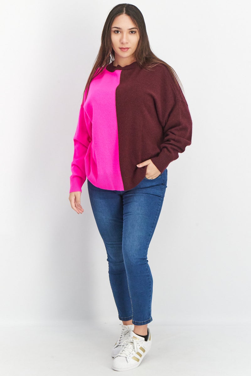 Aqua Women Crew Neck Two Tone Cashmere Sweater, Dark Rasin - Image 2