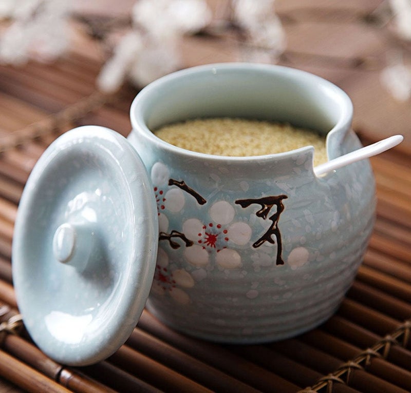 123Arts Ceramic Flower Sugar Bowl Seasoning Pot Salt Pepper Storage Jar with Lid And Spoon - Image 3