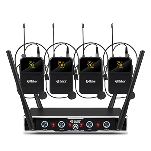 D Debra Audio Pro DU4004 UHF 4 Channel Wireless Microphone System with Lavalier Headset Mics Ideal for Meeting Church Speech 4 Bodypack
