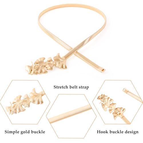 E-Clover Belts for Women Gold Waist Skinny Stretch Belt for Dresses Metal Waistband Leaf - Image 3