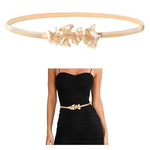 E-Clover Belts for Women Gold Waist Skinny Stretch Belt for Dresses Metal Waistband Leaf - Image 1