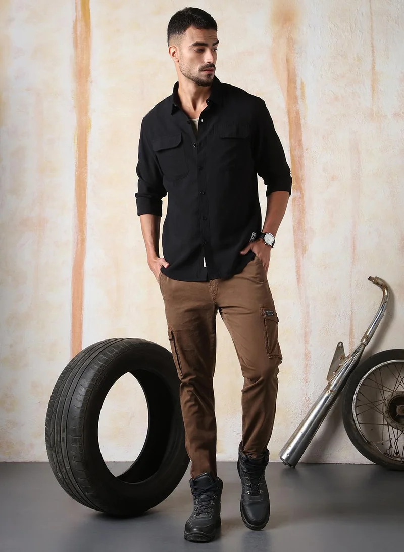 HIGH STAR Men Relaxed Fit Spread Collar Double Flap pocket utility Solid Textured Casual Shirt