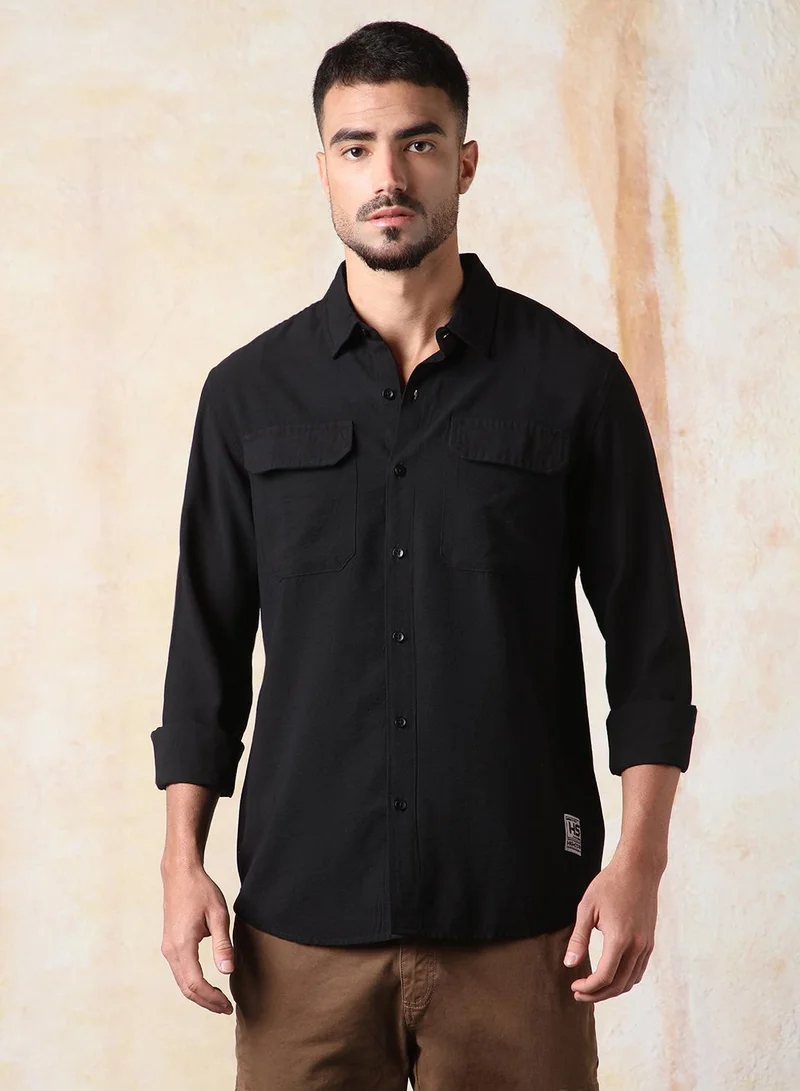 HIGH STAR Men Relaxed Fit Spread Collar Double Flap pocket utility Solid Textured Casual Shirt
