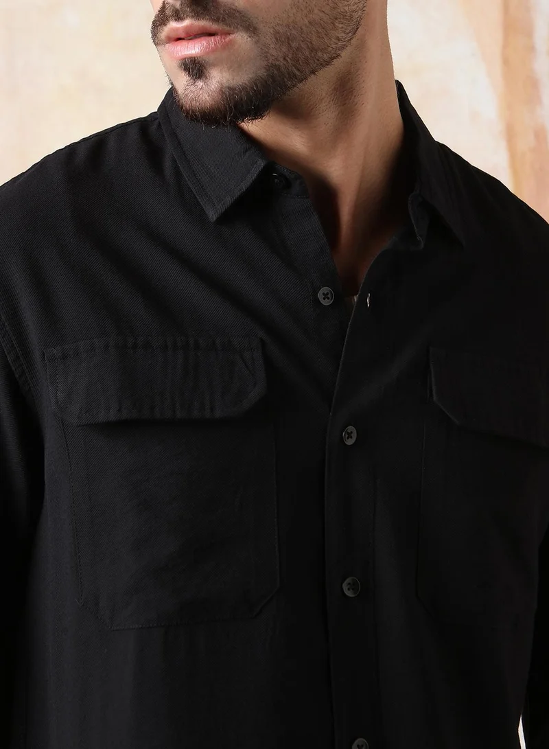 HIGH STAR Men Relaxed Fit Spread Collar Double Flap pocket utility Solid Textured Casual Shirt