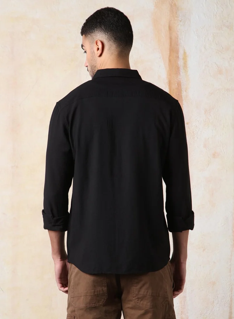 HIGH STAR Men Relaxed Fit Spread Collar Double Flap pocket utility Solid Textured Casual Shirt