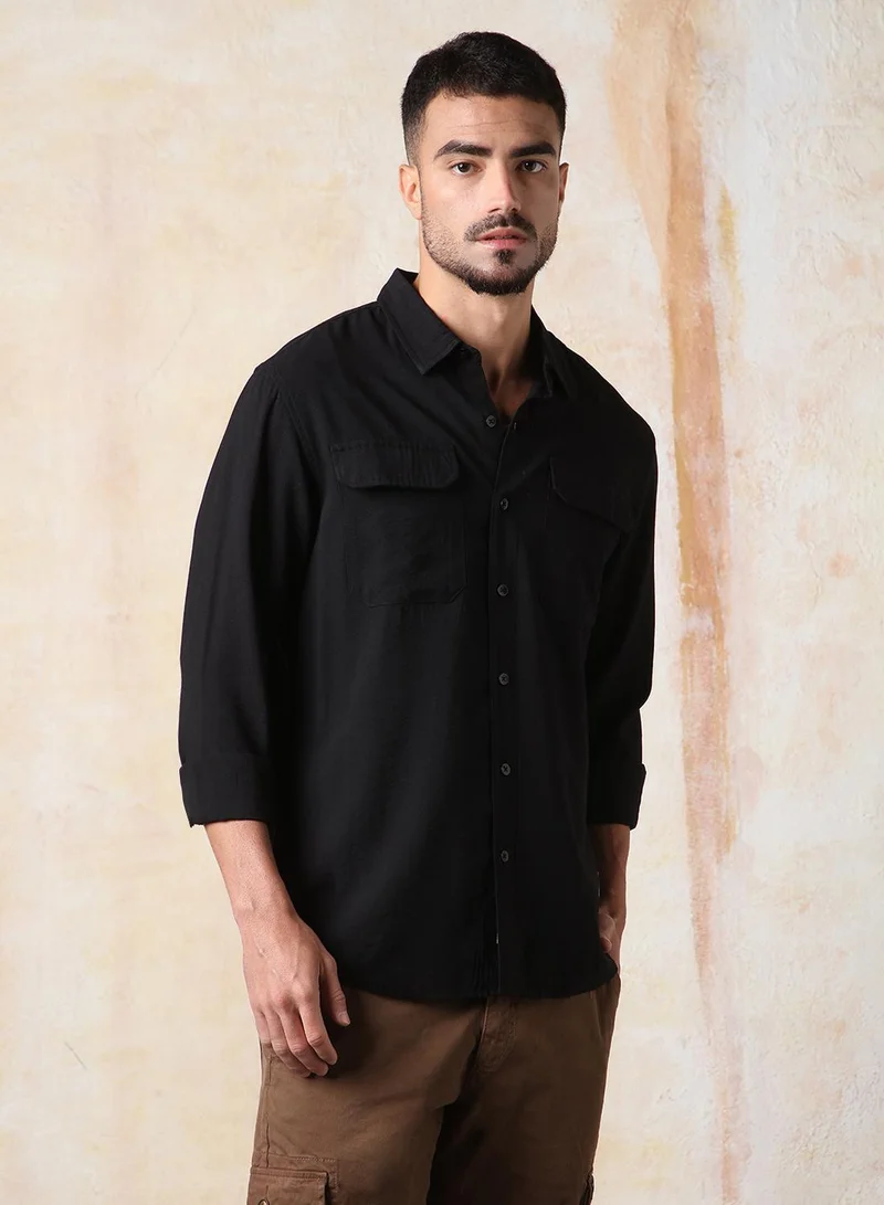 HIGH STAR Men Relaxed Fit Spread Collar Double Flap pocket utility Solid Textured Casual Shirt