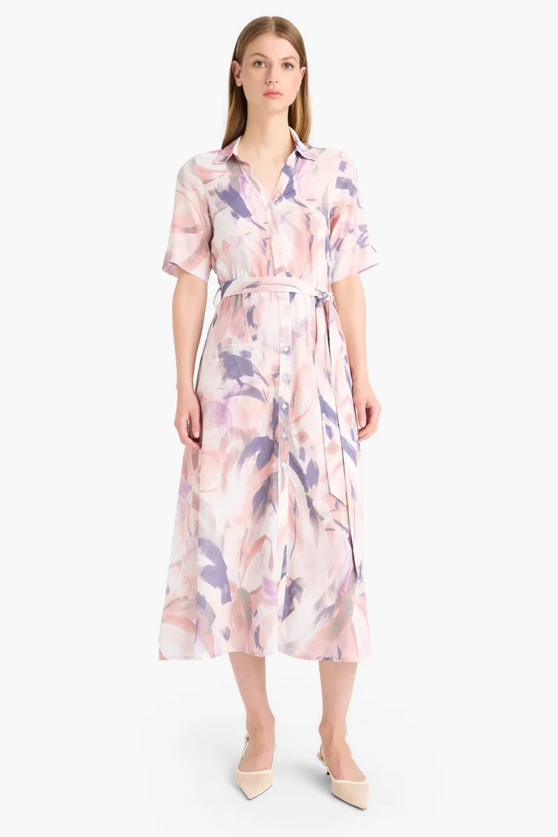 ديفاكتو Shirt Collar Batik Patterned Belted Midi Dress