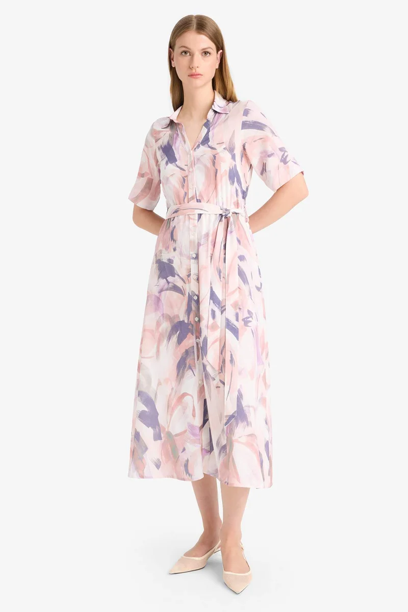 ديفاكتو Shirt Collar Batik Patterned Belted Midi Dress