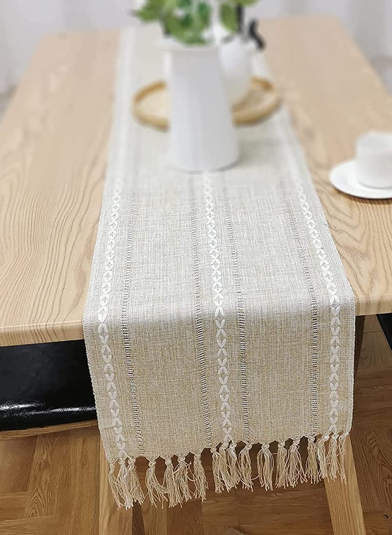 Zikra Braided Farmhouse Table Runner Vintage Woven Table Runner Cotton Linen Table Decorations with Tassel for Dining Party Holiday for Home Bedroom Rustic Wedding Party Coffee Dining 13 x 70 Inches - Image 1