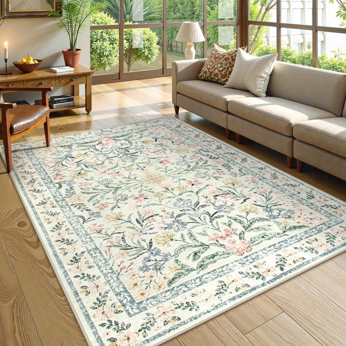 FLORAL MACHINE WASHABLE AREA RUGS 5X7 VINTAGE BOHO NURSERY RUG GIRL NONSLIP FLOWER INDOOR FLOOR THROW CARPET FOR LIVING ROOM BEDROOM KITCHEN PLAYROOM HOME WHITEMULTI
