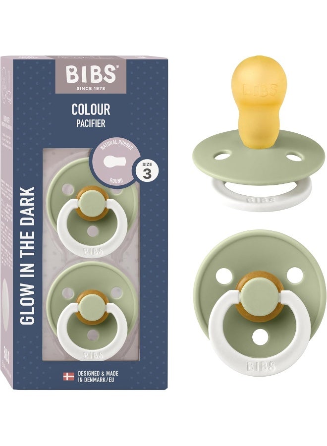 BIBS Colour Night Glow in The Dark Soother 2-Pack, BPA Free Dummy Pacifier, Round Natural Rubber Latex, Made in Denmark, Size 3 (18+ Months), Sage Glow - Image 1