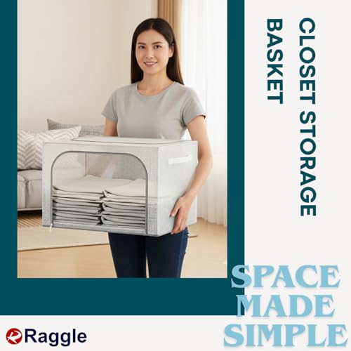 Raggle 2 PCS polycotton Clothes Storage Organizer Bins, Foldable Storage Bins-Cloth Steel Frame Storage Box with Foldable Clear Window & Reinforced Handles 50 * 40 * 30CM (Transparent, 66L-2) - Image 4