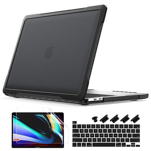 Batianda 4-in-1 Ultimate Case for MacBook Pro 13 inch 2022 2020 Model A2338 M2 M1 Chip A2251 - Matte Translucent Rugged Armor Shell with Carbon Fiber Texture Shockproof Bumper - Anti-Fingerprint Black - Image 1