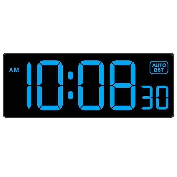 LED WALL CLOCK DIGITAL CLOCK WITH SECONDS ELECTRIC PLUG IN LARGE BIG NUMBERS CLOCK 5 DIMMERS WALL MOUNT FOR LIVING ROOM AUTO DST 10 INCHES BLUE