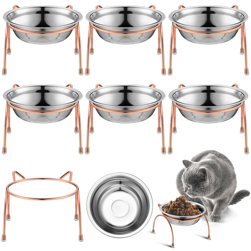 Yiyiring 6 Sets Stainless Steel Elevated Cat Bowls 55 Inch Wide Raised Cat Bowls with Metal Stand Stress Free Elevated Shallow Water Dish Indoor Kitten Feeding Dish to Prevent Fatigue 12 oz - Image 2
