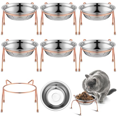 Yiyiring 6 Sets Stainless Steel Elevated Cat Bowls 55 Inch Wide Raised Cat Bowls with Metal Stand Stress Free Elevated Shallow Water Dish Indoor Kitten Feeding Dish to Prevent Fatigue 12 oz - Image 1