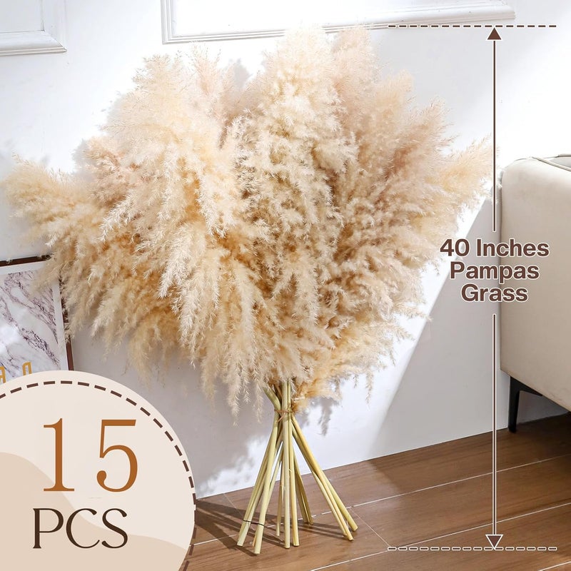 Pasuvsigt 15pcs 40''Dried Pampas Grass Decor Tall-Large pompas Grass-Natural Beige Tall Pampas Grass for Floor Vase,Wedding,Party,Farmhouse,Living Room Floor,Boho Home Decor - Image 2