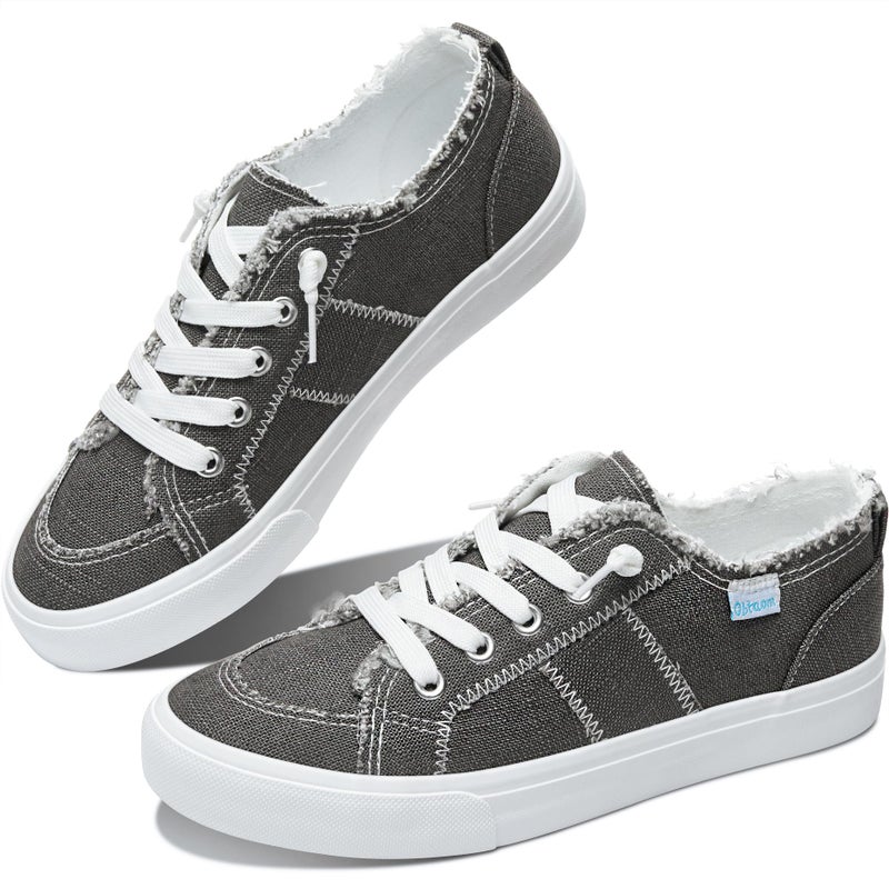 Obtaom Women's Play Fashion Sneaker White Linen and Leopard Canvas Slip on Shoes (Grey Linen US5) - Image 1