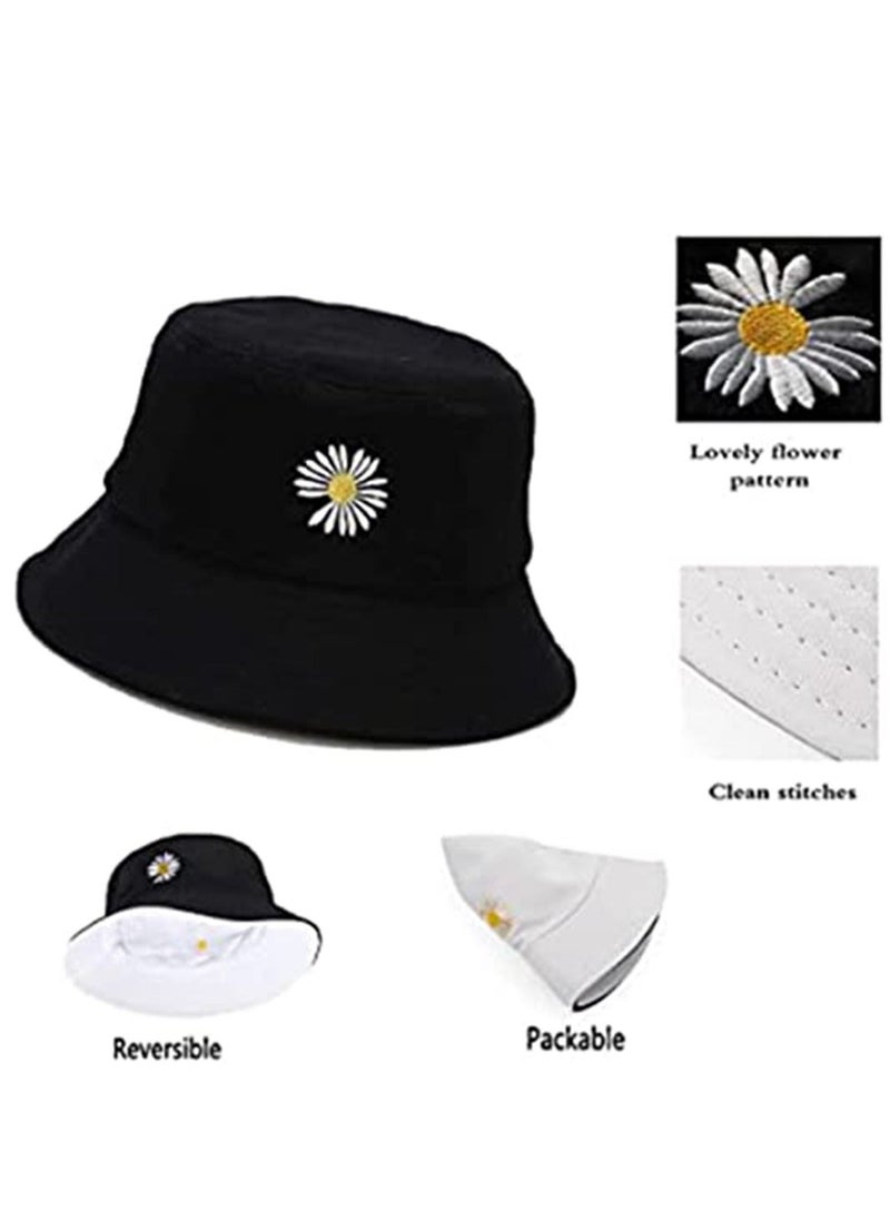 Flower Reversible Bucket Hats, Summer Travel Embroidery Beach Sun Hats for Women Teens Boys Girls Sun Visor Outdoor Cap Black - Image 2
