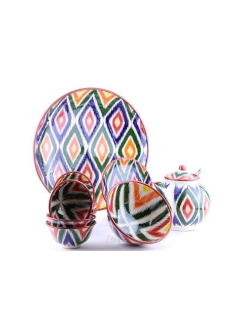 Beautiful Handmade Uzbek Clay Tea and Dinner Set Teapot With Cups Uzbekistan Pottery Multicolor  Traditional Arabic Cawa/ Kahwa Set (Multi Tea Set, 11 Pcs)