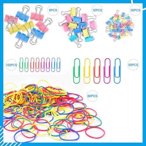 Sopito Paper Clips, Sopito 300pcs Paperclips Binder Clips Assorted Sizes (S/M/L) and Rubber Bands, Colored Office Supplies Set College School Supplies - Image 2