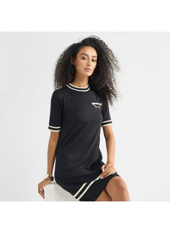 FAV Striped Metallic Chain Accent Shift Dress with Crew Neck and Short Sleeves  - Image 1