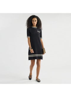 FAV Striped Metallic Chain Accent Shift Dress with Crew Neck and Short Sleeves  - Image 2