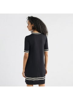 FAV Striped Metallic Chain Accent Shift Dress with Crew Neck and Short Sleeves  - Image 3