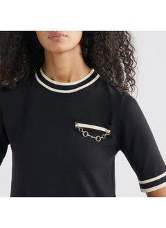 FAV Striped Metallic Chain Accent Shift Dress with Crew Neck and Short Sleeves  - Image 4