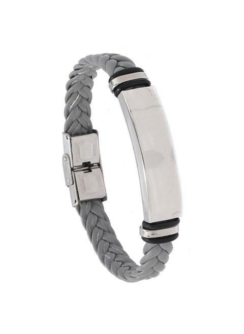 Stainless Steel Minimalist Bracelet Engraved Leather Braid for Men Grey