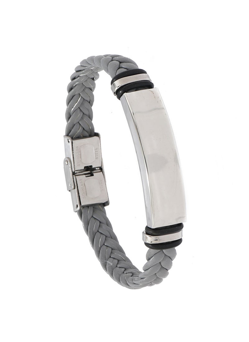 Generic - Stainless Steel Minimalist Bracelet Engraved Leather Braid for Men Grey - Image 1