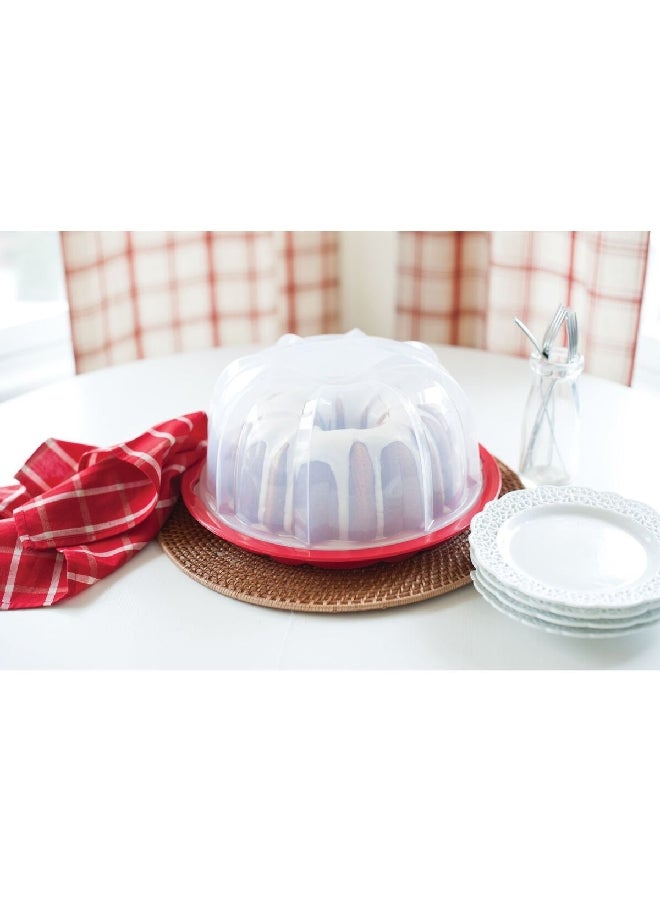 NORDICWARE Round Polypropylene Bundt Dome Cake Keeper Clear and Red 7 x 12 x 13 Inch 50022  - Image 2