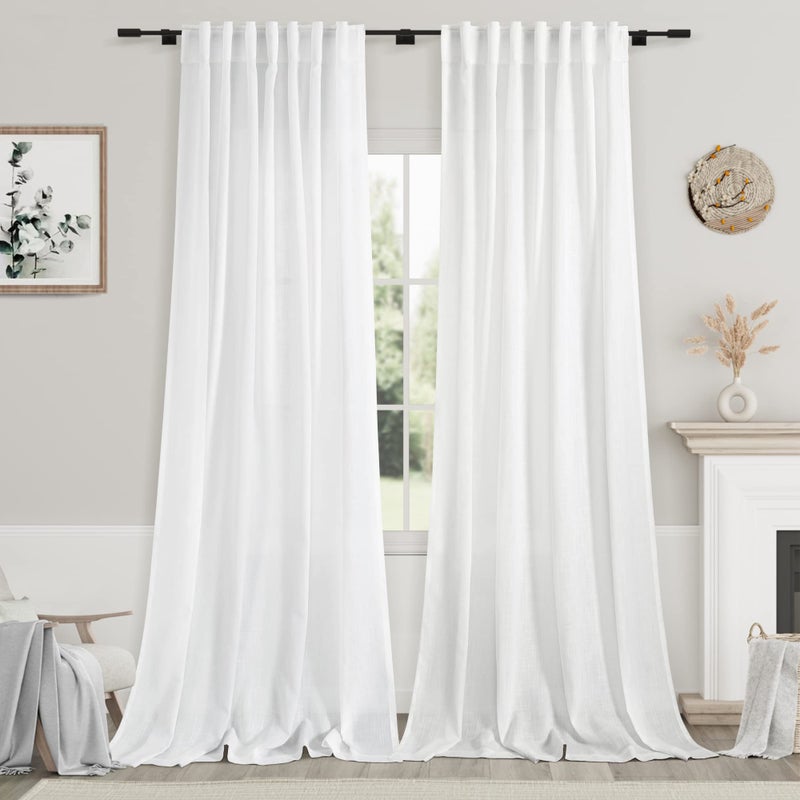 Nanspring Extra Long White Curtain 108 inches Long 2 Panels Set for Living Room Back Tab Modern Farmhouse Decor Cotton Textured Off White Sheer Linen Curtains 108 inch Length for Large Window 9 FT Tall 
