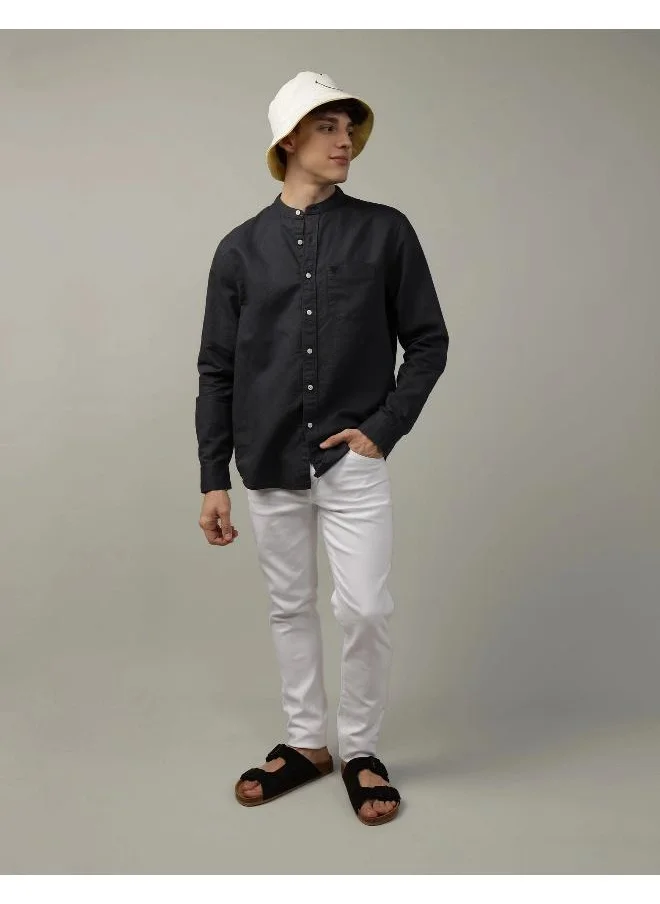 American Eagle AE Band Collar Linen Button-Up Shirt