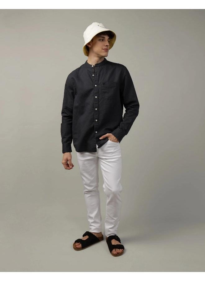 American Eagle - قميص من الكتان بأزرار وياقة بشريط AE - Image 1