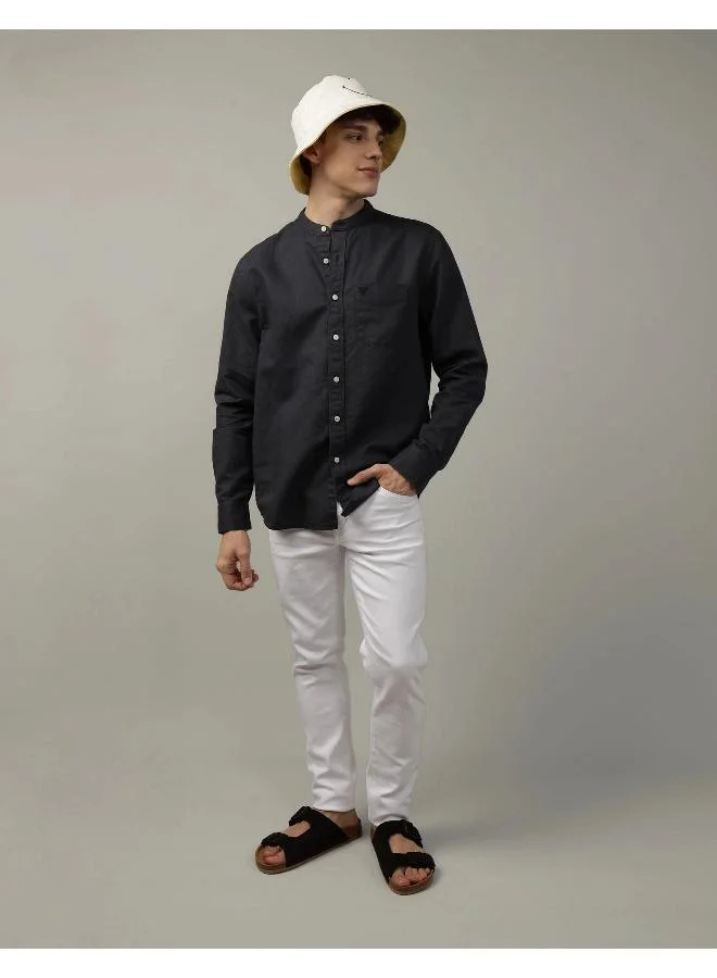 American Eagle AE Band Collar Linen Button-Up Shirt