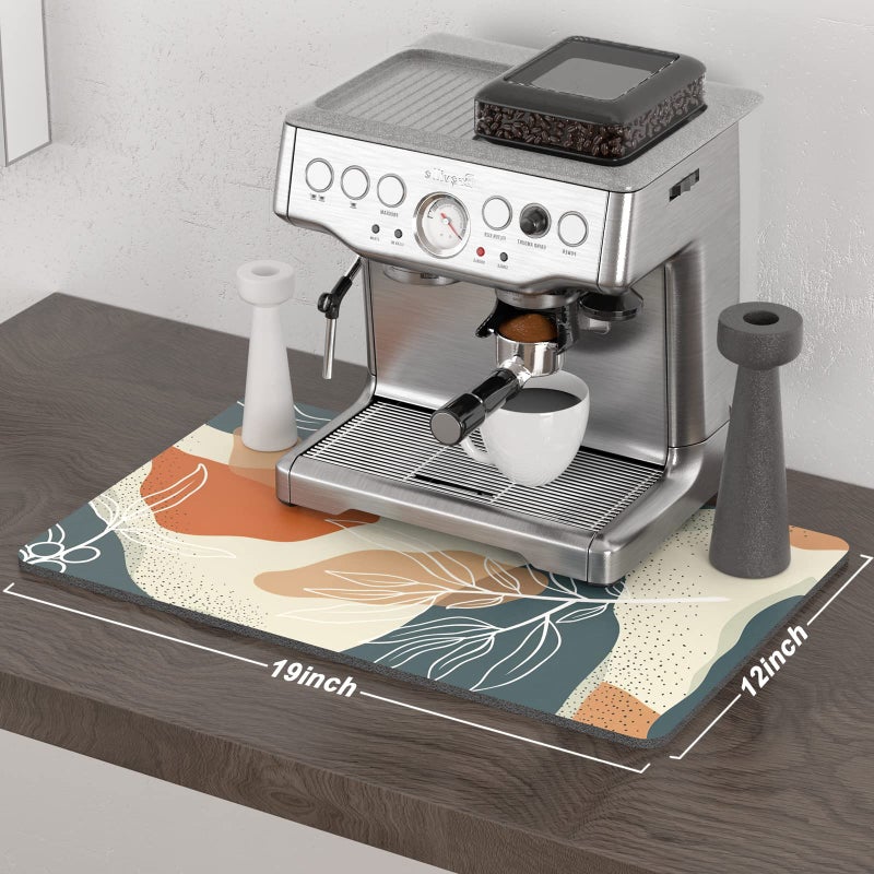 Rnivvi Coffee Mat, 12" x 19" Cute Boho Theme Coffee Bar Mats for Espresso Machine Station Accessories and Organizer, Hide Stain Rubber Backed Absorbent Dish Drying Pad for Kitchen Counter, Leaves - Image 2