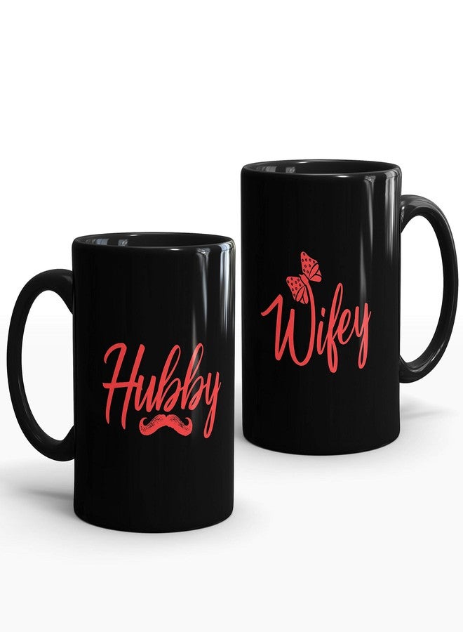 Gift Arcadia Set of 2 Ceramic Coffee Mug for Husband & Wife Series| Shiny Ceramic Tea Cup Set with Handle for Hubby & Wifey & Couples| Microwave & Dishwasher Safe| 325ml Milk Cups Black (A092) - Image 1