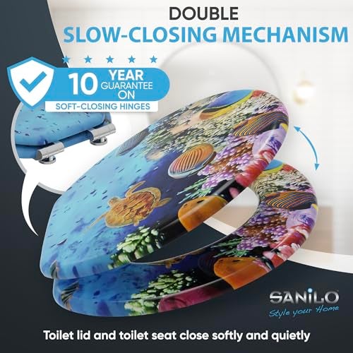 SANILO Wooden Toilet Seat with Soft Close [ROUND] - Decorative, Quiet & Slow Close Molded Wood Seat - With Strong Bumpers & Hinges - Adjustable Fit – Ocean - Image 3